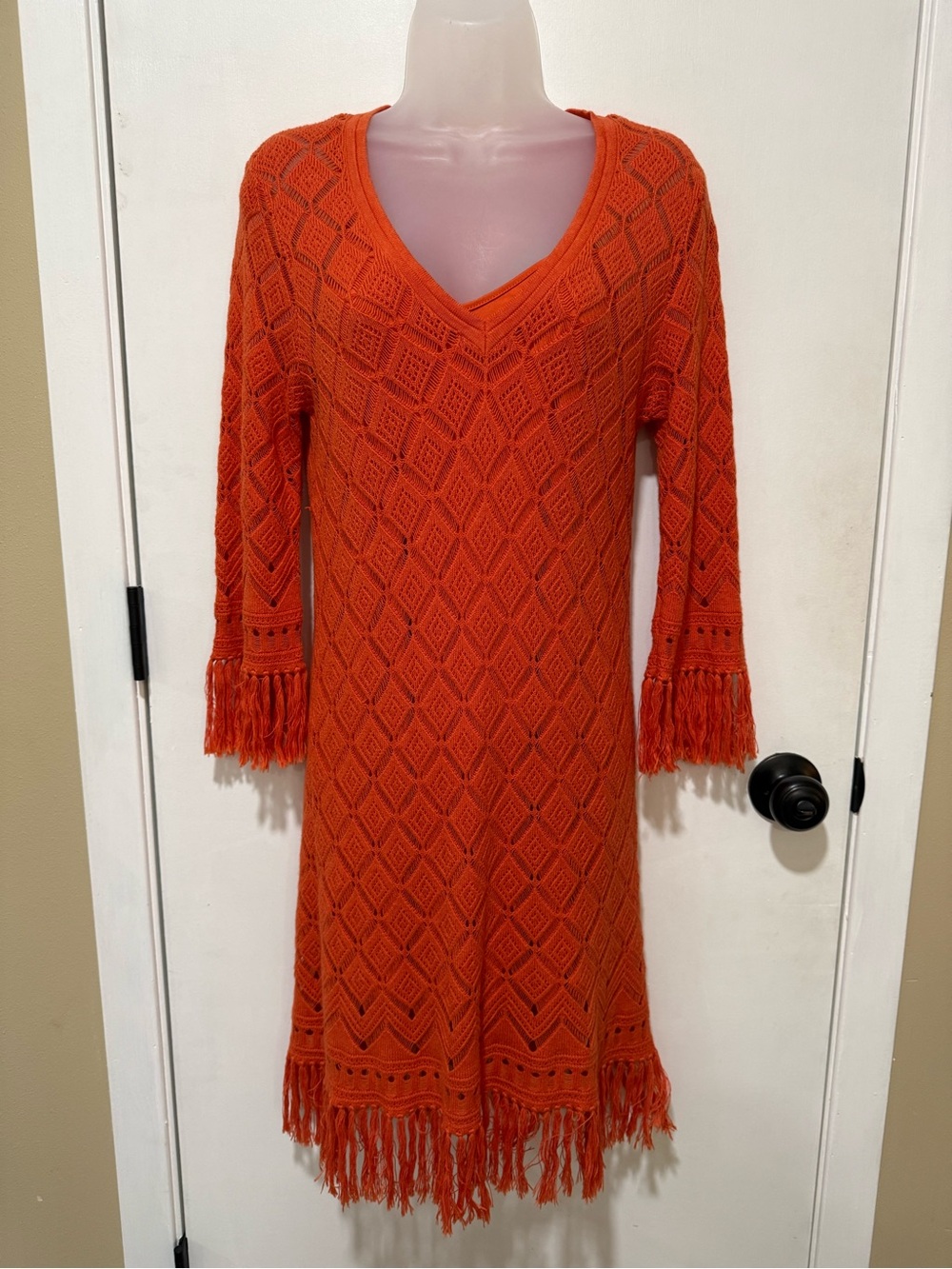 Trina Turk Orange Crochet Fringe V-Neck Midi Dress-#1805